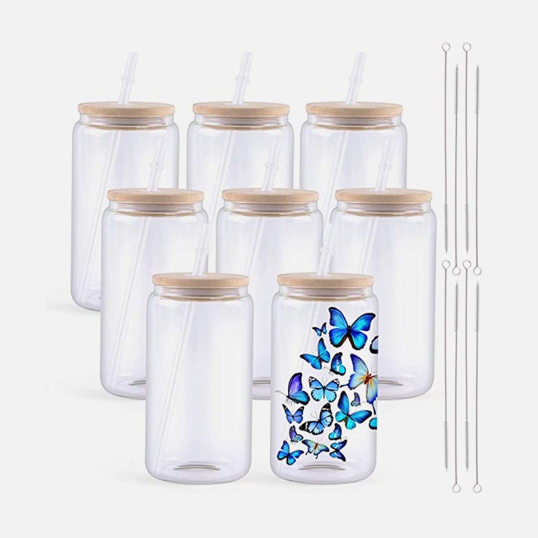 MerryJoy 8 Pack Sublimation Glass Blanks with Bamboo Lid,Frosted and Clear 16 oz Glass Cups with Lids and Straws,Sublimation Glass Blanks for Iced