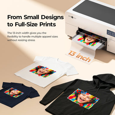 DTF Printing machine with printed t-shirts and a hoodie on a beige background