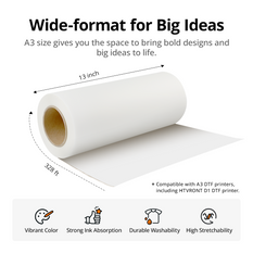 HTVRONT DTF Transfer Film Roll 13 Inch x 328 FT——fit for A3 DTF Printer