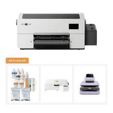 All-in-one printing kit with D2 DTF printer, ink bottles, Heat Press and oven on a white background