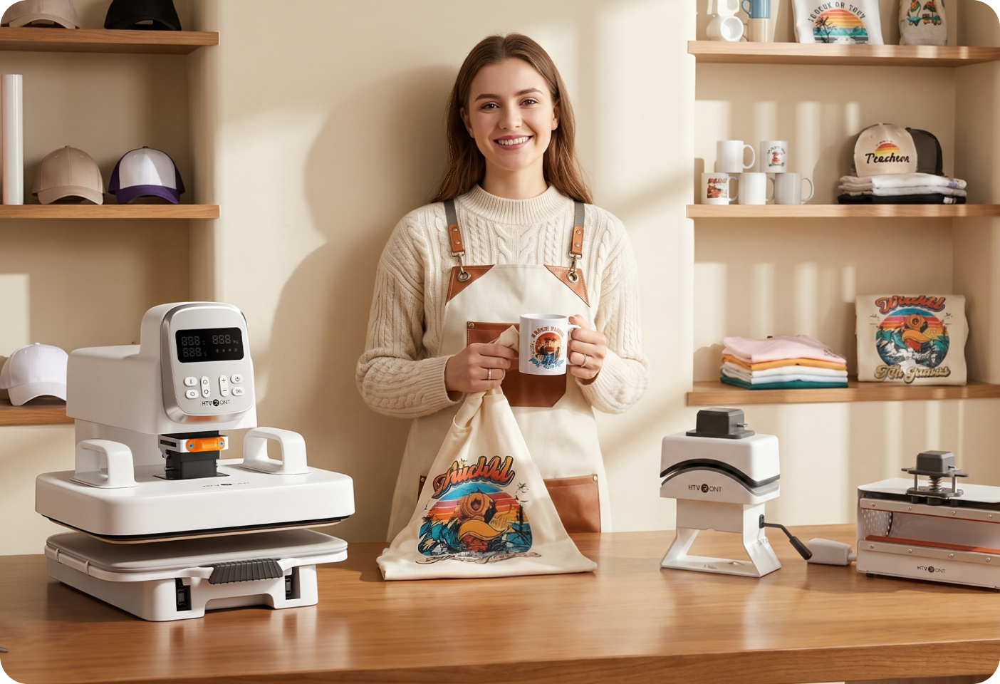 Woman holding a mug and a tote bag with a100 multi heat press in a workshop setting.