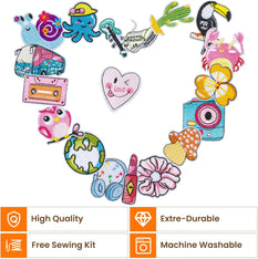 A collection of brightly colored embroidered patches arranged in a heart shape, showcasing various designs such as animals, plants, and everyday objects. Text at the bottom highlights features like "High Quality," "Extre-Durable," "Free Sewing Kit," and "Machine Washable."