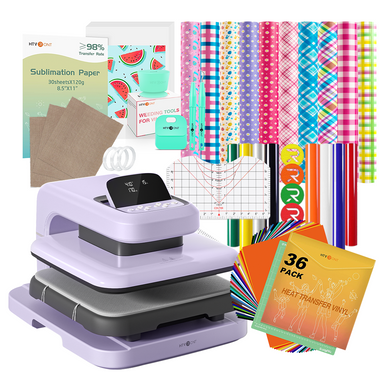 Purple Auto Heat press 2 with various sublimation paper, vinyl, and tools on a white background
