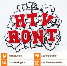 A pile of white letter patches with red letters spelling out "HTV RONT". Image also highlights product features: 'High Quality', 'Extre-Durable', 'Free Sewing Kit', and 'Machine Washable'.