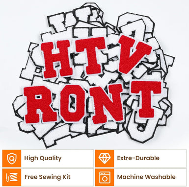 A pile of white letter patches with red letters spelling out "HTV RONT". Image also highlights product features: 'High Quality', 'Extre-Durable', 'Free Sewing Kit', and 'Machine Washable'.
