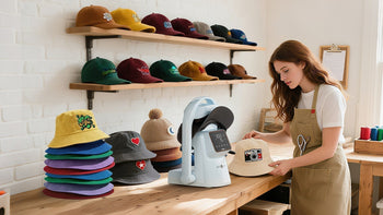 A300 Auto Hat Heat Press with different hats, caps