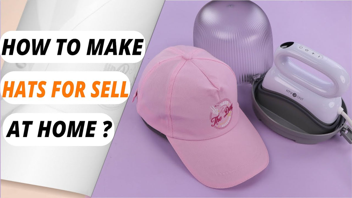 A pink baseball cap with a logo on a purple background, with the text 'HOW TO MAKE HATS FOR SELL AT HOME?' in a yellow box.