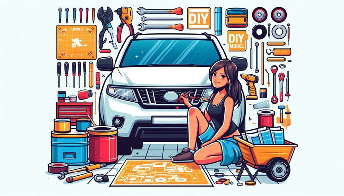 This covered image shows a girl making DIY for her car with vinyl decal.