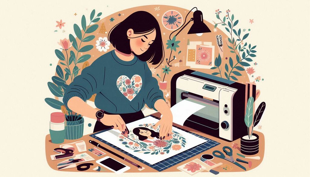 This covered image shows a young mom printing a design pattern on vinyl and transferring it to an object.