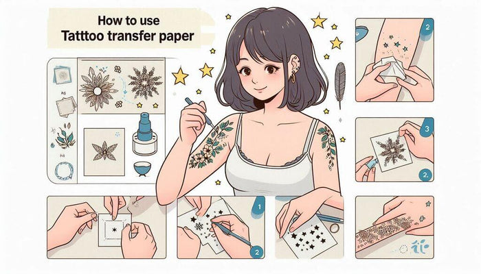 The cover image shows a girl demonstrating the steps of using tattoo transfer paper.