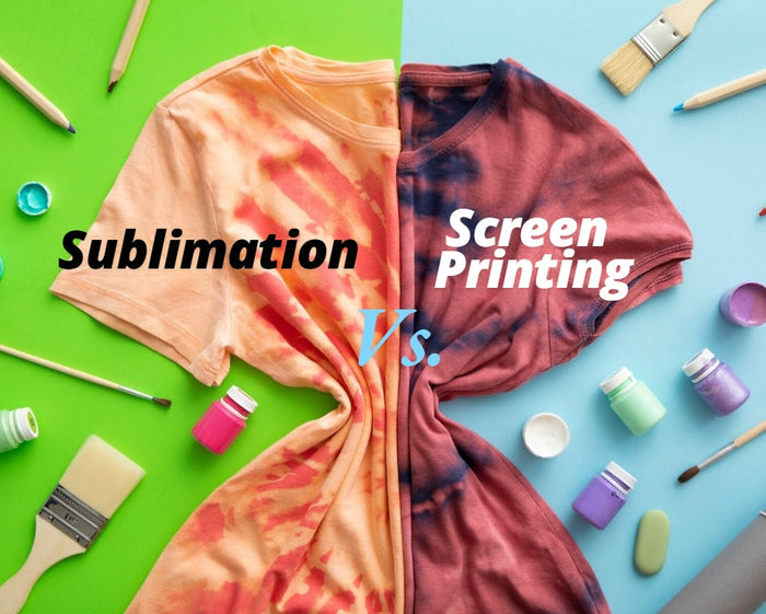 This is a cover image about the difference about sublimation and screen printing.