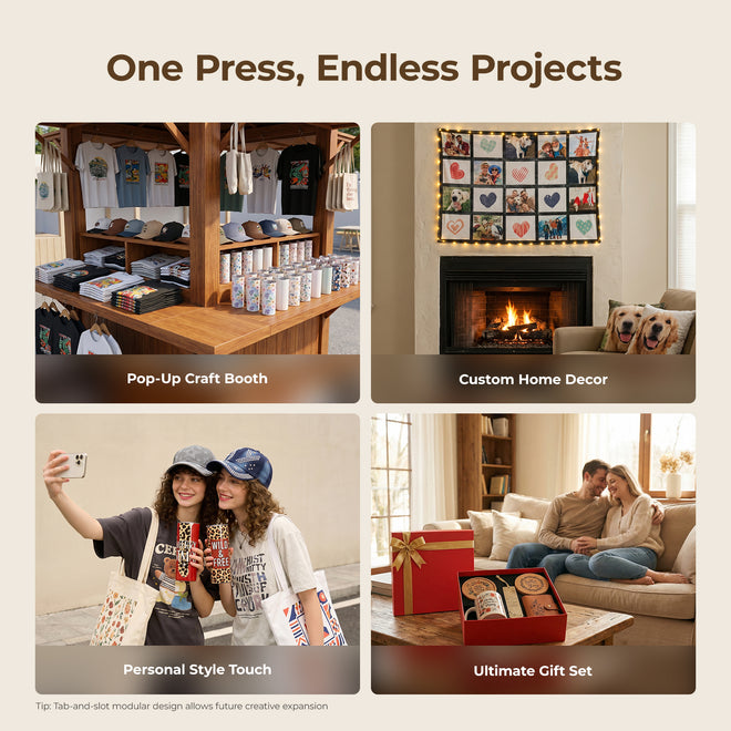 Collage of images showing a pop-up craft booth, custom home decor, personal style touch, and ultimate gift set.