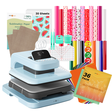 Purple Auto Heat press 2 with various sublimation paper, vinyl, and tools on a white background