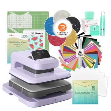 [Best Deal] HTVRONT Auto Heat Press 2+Great Value Bundle(PUFF HTV*8+Glitter HTV*3+T Shirt Ruler+Sumblimation Paper*30+32 Sheets Multi-color HTV+Sumblimation HTV roll+PTFE Teflon Sheet+Weeding Tools≥117＄)
