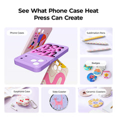 Collage of phone cases, sublimation pens, badges, ceramic coasters, and earphone cases created using a heat press.