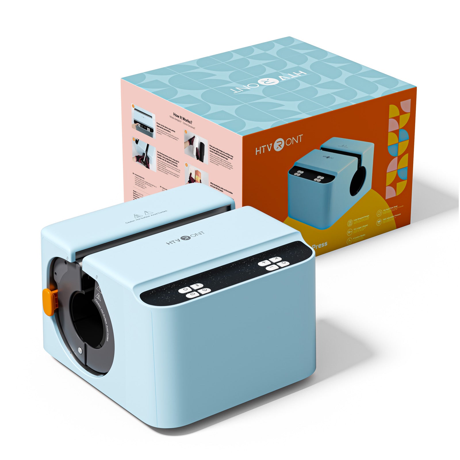 Light blue HTVRONT Tumbler machine with colorful packaging on a white background