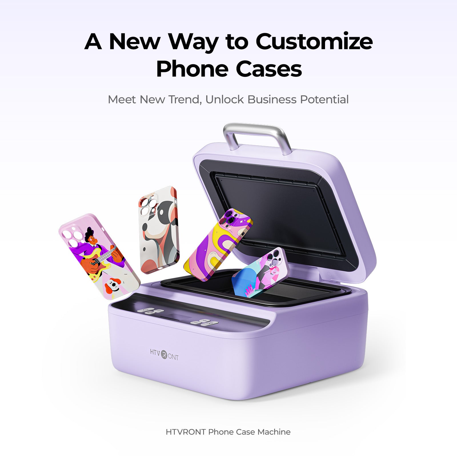 Purple phone case machine with colorful phone cases on a white background