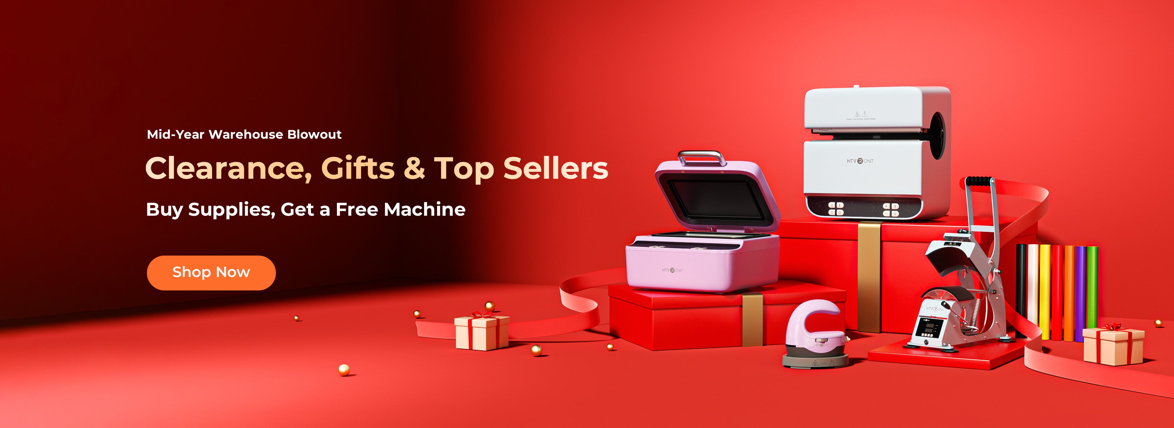 Promotional banner with stationery items on a red background, featuring text about clearance, gifts, and top sellers.