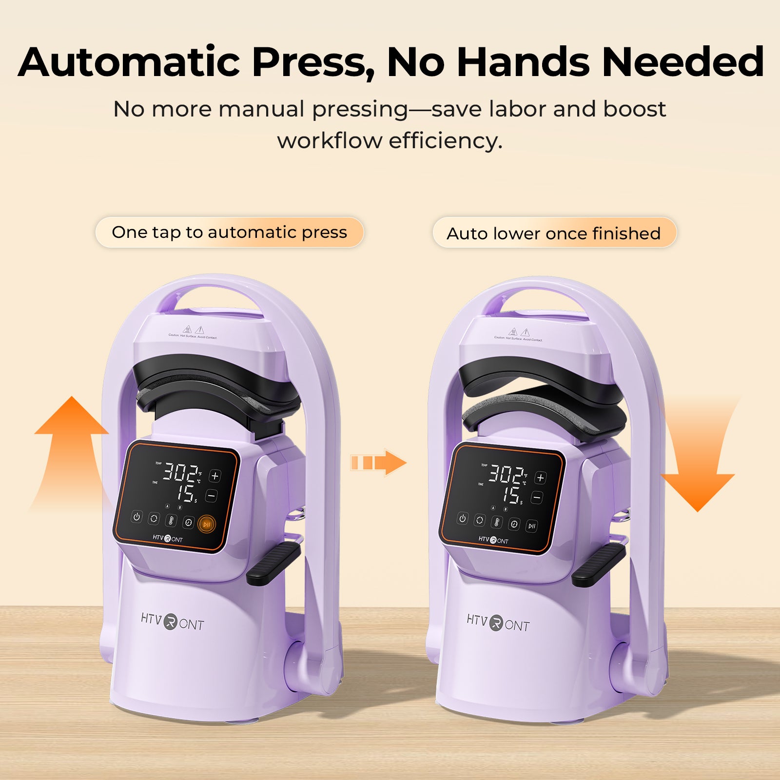 Purple hat automatic press machine with digital display on a beige background