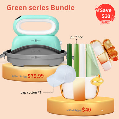 [Green series Bundle]HTVRONT Green Hat Heat Press Machine+ Great Valued Green series Box (Green HTV rolls&sheets+ 2pack Baseball Cap Blank + Other Materials≥55＄)