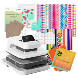 Heat press machine with sublimation paper, vinyl, and other supplies on a white background