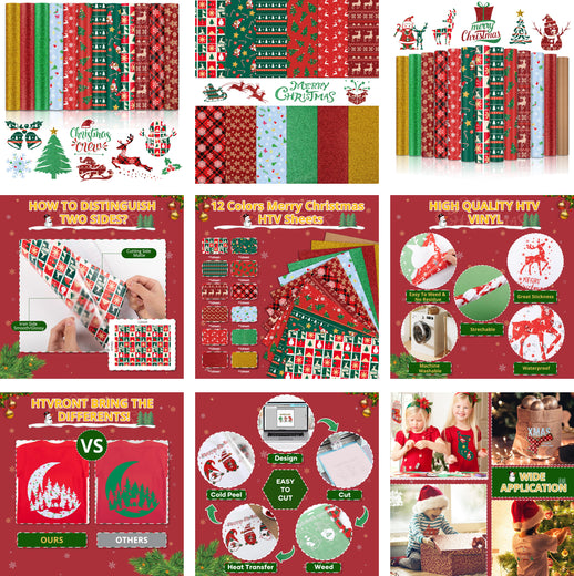 2025 New Models Christmas Patterned Heat Transfer Vinyl Bundle - 13 Sheets 12"x10"