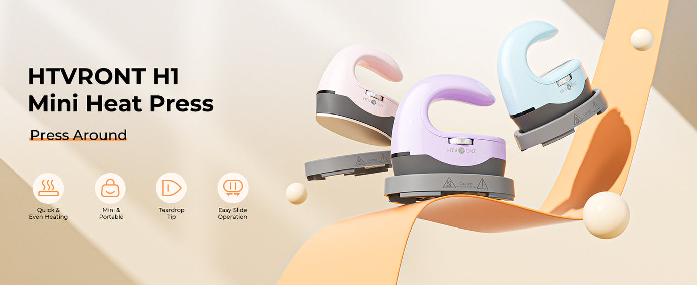 HTVRONT H1 Mini Heat Press with features listed on a beige background