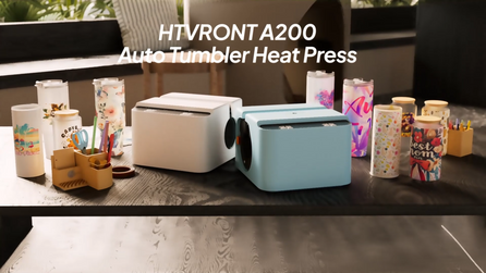 HTVRONT A200 Auto Tumbler Heat Press with colorful tumblers on a table.