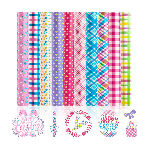 Set of colorful fabric swatches with Easter-themed designs on a white background