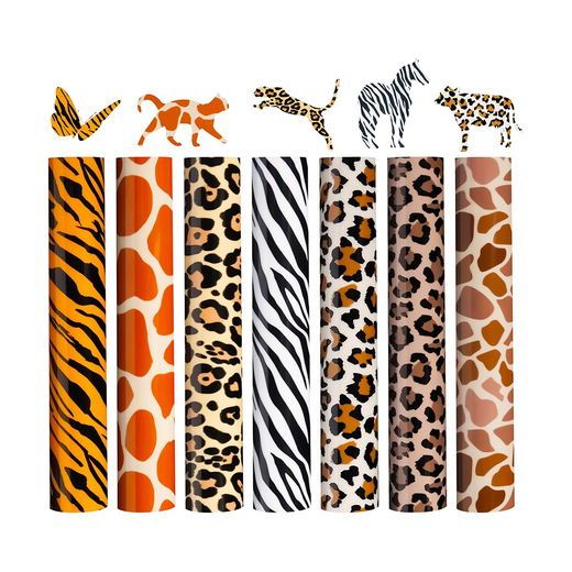 Set of animal print paper rolls with decorative cutouts on a white background