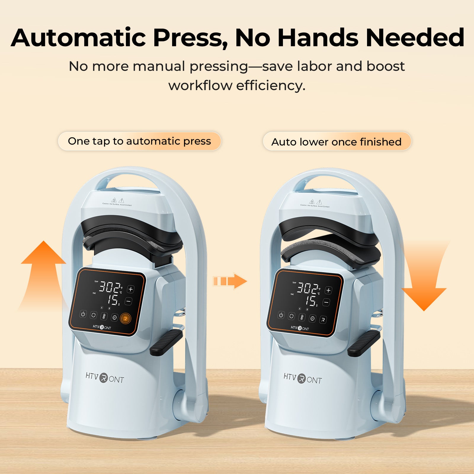 Two automatic hat press with digital displays on a beige background, highlighting ease of use and efficiency.