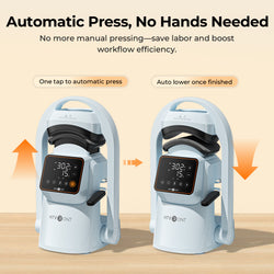 Two automatic hat press with digital displays on a beige background, highlighting ease of use and efficiency.