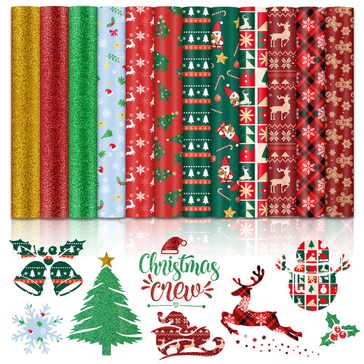 2025 New Models Christmas Patterned Heat Transfer Vinyl Bundle - 13 Sheets 12"x10"