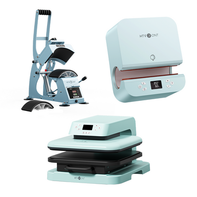 Collection of manual heat press, tumbler heat press, auto heat press 1 on a white background, 