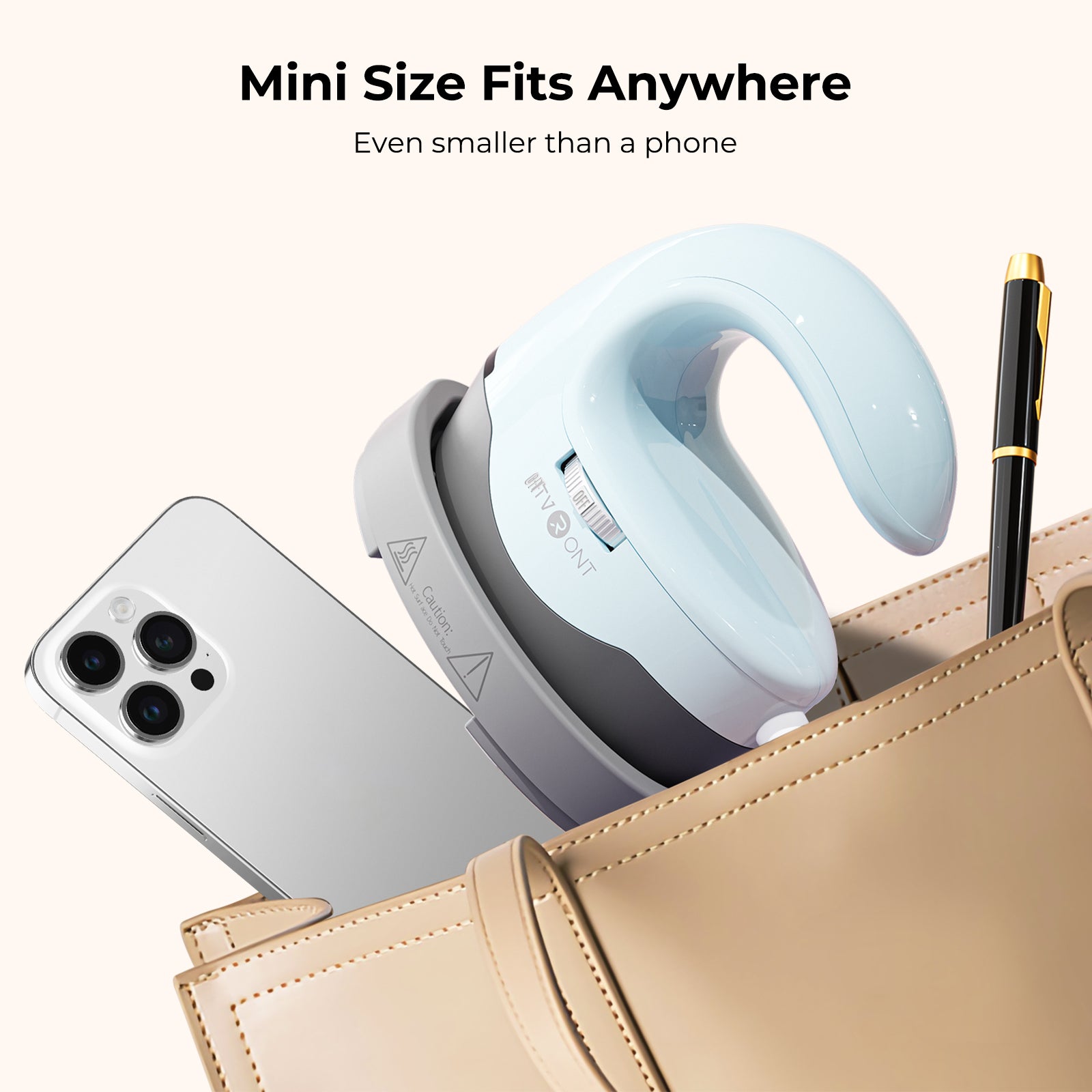 Mini heat press with text 'Mini Size Fits Anywhere' next to a phone and pen in a bag