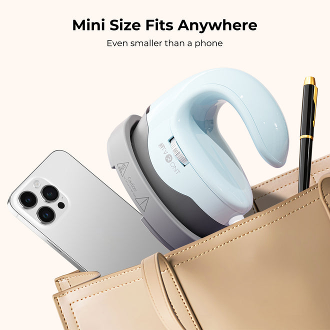 Small device with text 'Mini Size Fits Anywhere' next to a phone and pen in a bag