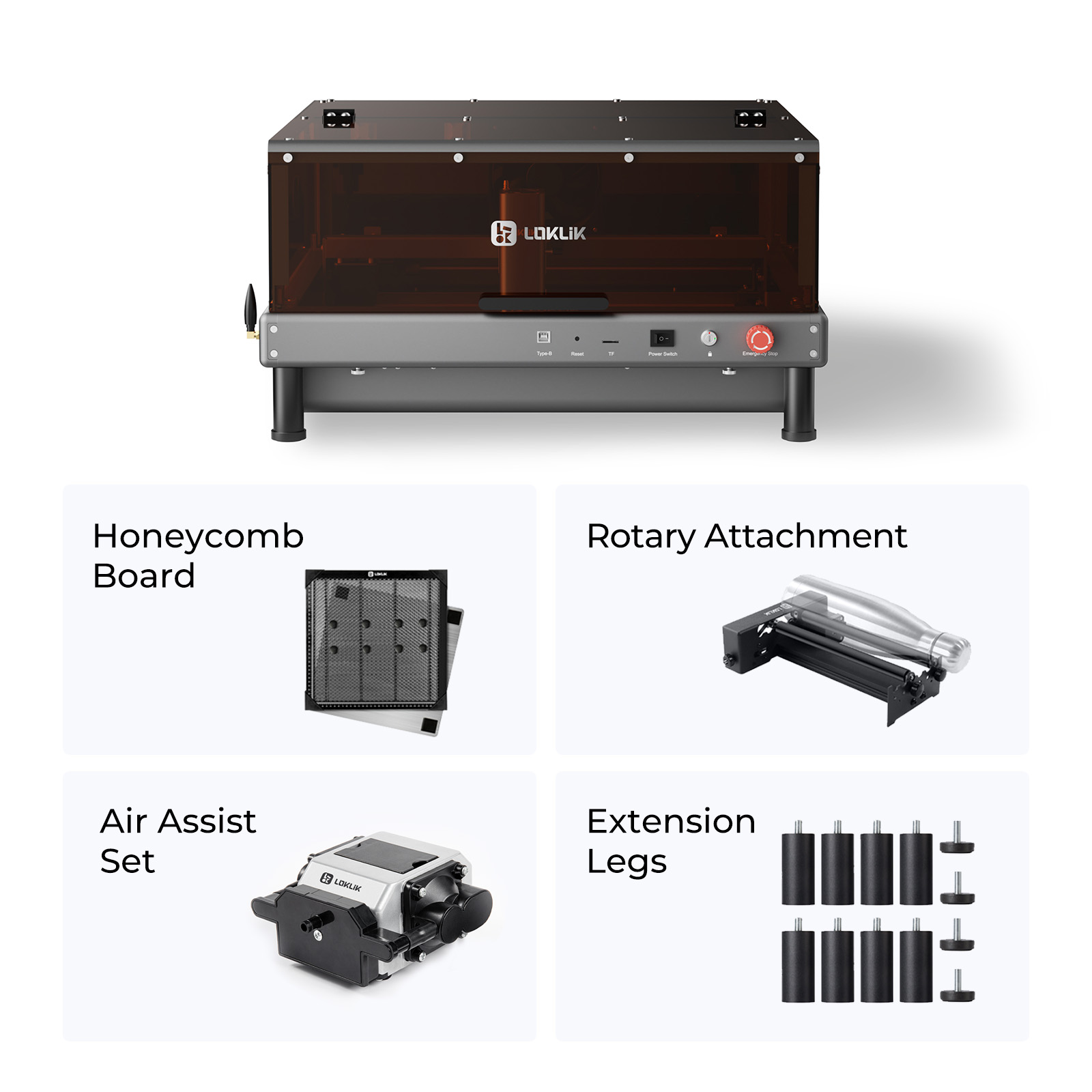 Lace engraving machine with honeycomb board, rotary attachment, air assist set, and extension legs on a white background