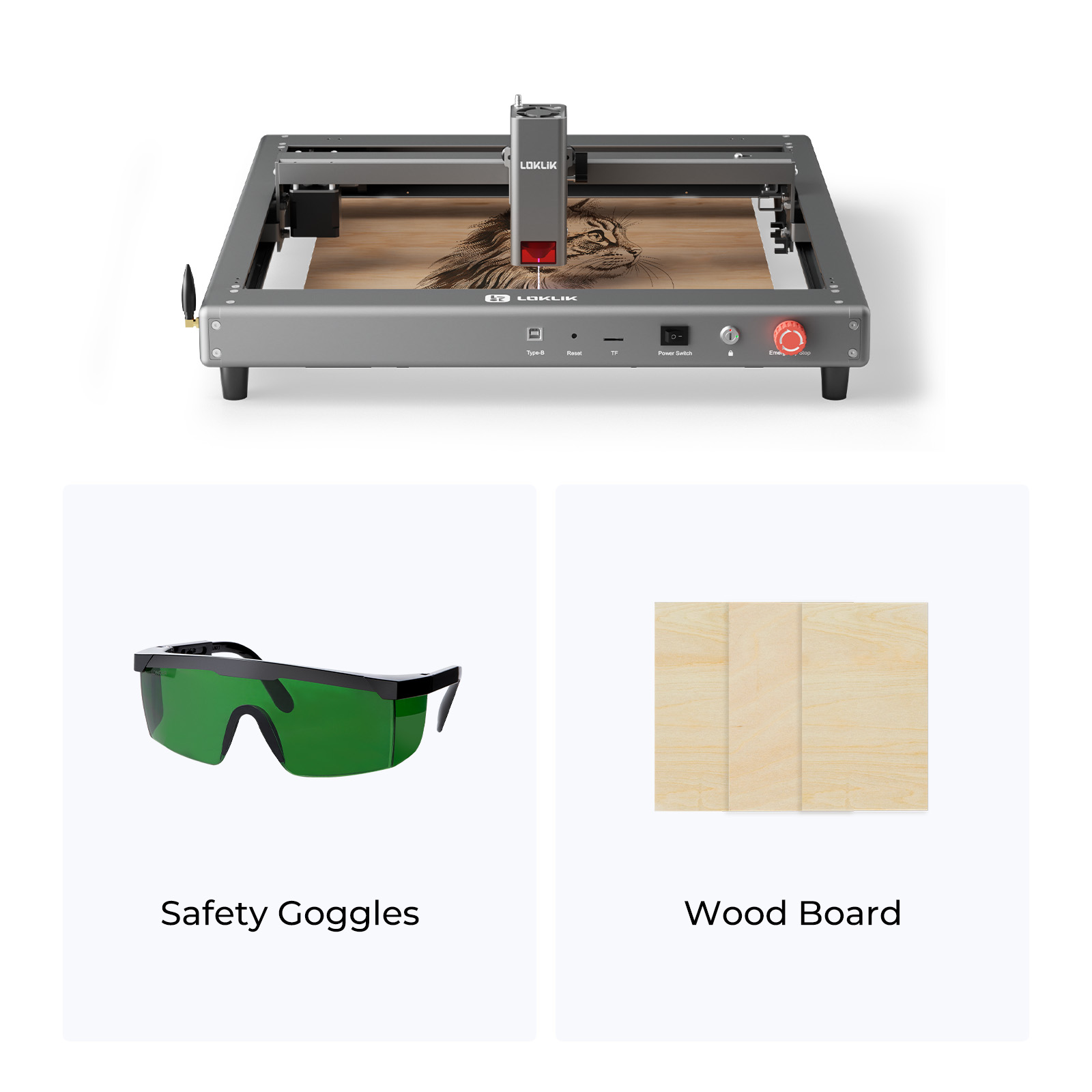 Laser cutting machine with safety goggles and wood board on a white background