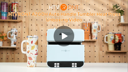 HTVRONT A200H Auto Handle Tumbler Heat Press with a video play button on a wooden background.