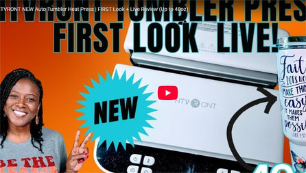 Promotional image for a new tumbler press with a woman and a tumbler featuring 'Faith' text.