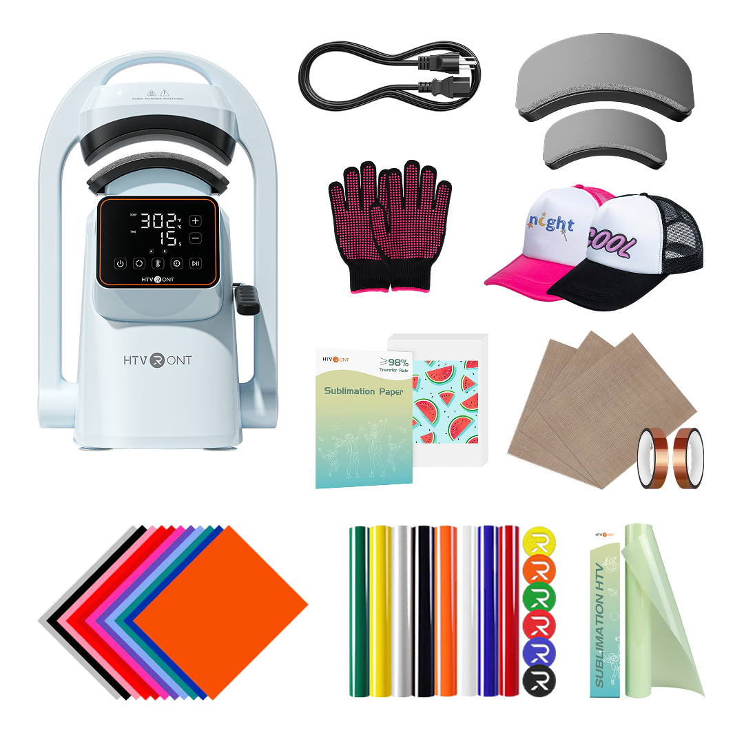 Collection of heat press machine accessories including gloves, hats, and materials on a white background.