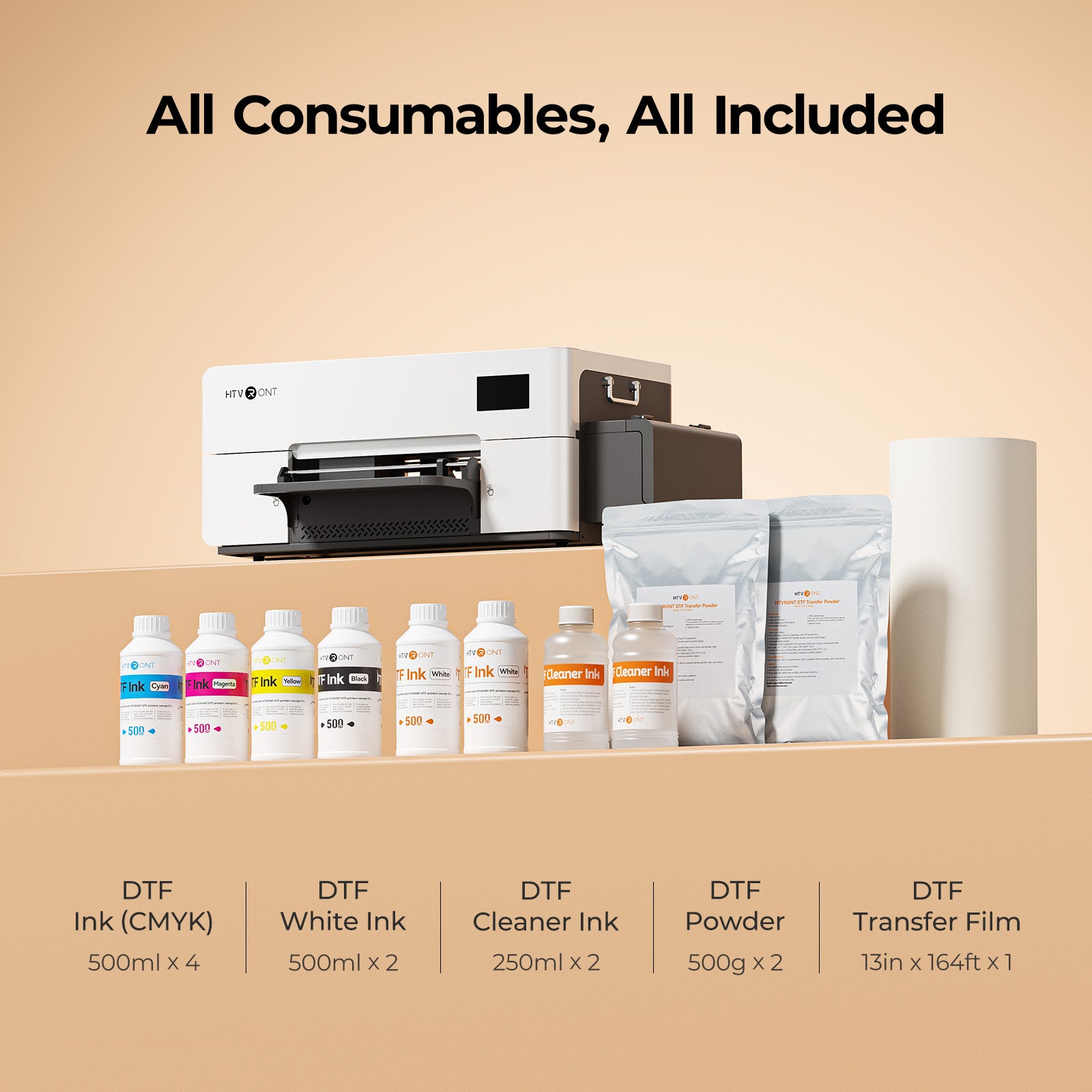 DTF ink, white ink, cleaner ink, powder, and transfer film displayed with a printer on a beige background.