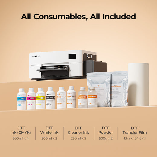 DTF ink, white ink, cleaner ink, powder, and transfer film displayed with a printer on a beige background.