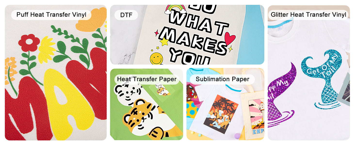 Auto HEAT PRESS 2's heat-pressable consumables include: Puff Heat Transfer Vinyl, DTF, Glitter Heat Transfer Vinyl, heat transfer paper, and sublimation paper.