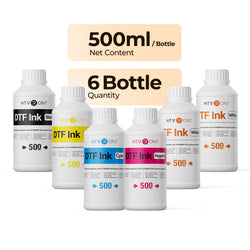 Set of HTVRONT DTF ink bottles with labels indicating color and net content on a white background.