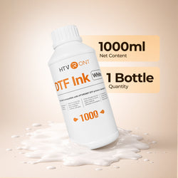 1000 ml White DTF ink with HTVRONT branding on a beige background