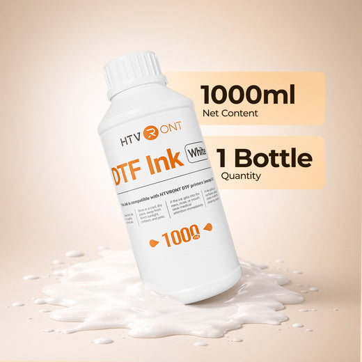 1000 ml White DTF ink with HTVRONT branding on a beige background