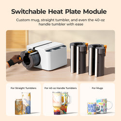 Switchable heat plate module for customizing tumblers and mugs on a beige background