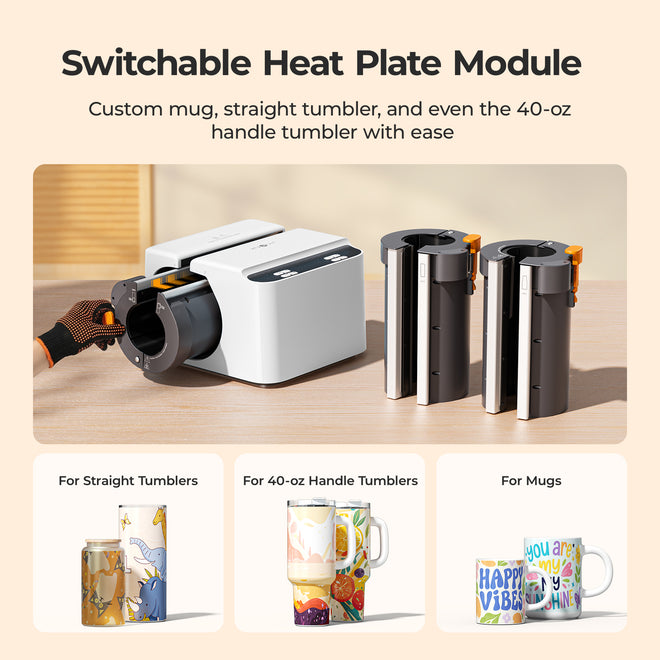 Switchable heat plate module for customizing tumblers and mugs on a beige background