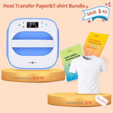 [T-shirt&Heat Transfer Paper Bundle]Easy Heat Press Machine - 10"X10"+(Heat Transfer Paper for Light & Dark Fabric*20+T-shirt White Blank*1 ≥30)